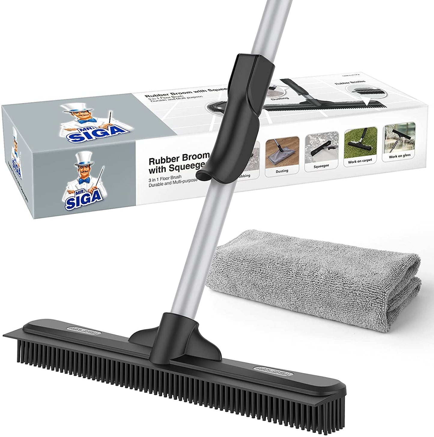 Pet Hair Removal Rubber Broom with Built in Squeegee, 3 in 1 Floor Brush for Carpet, 61 Inch Adjustable Handle, Includes 1 Microfiber Cloth for Floor Dusting