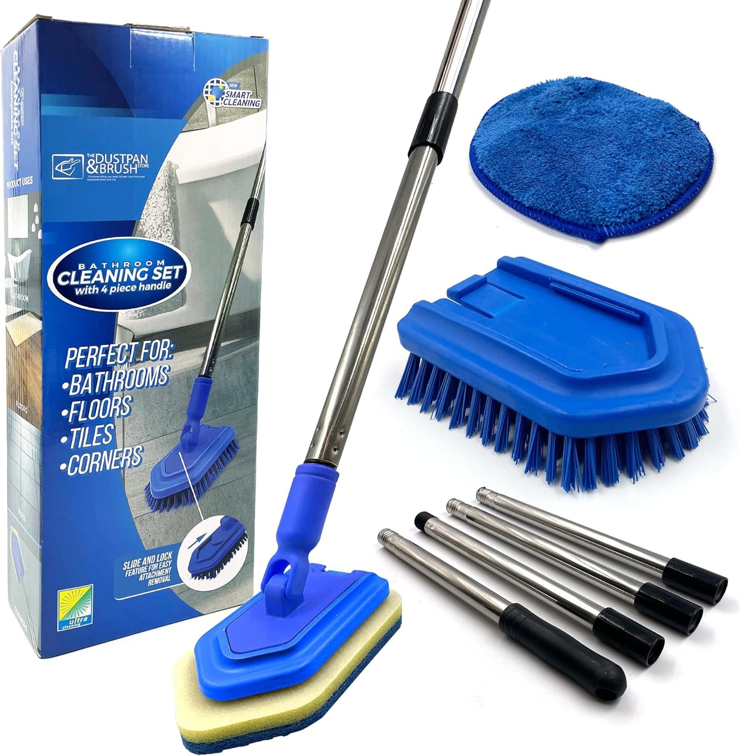 Bathroom Tile Cleaner Shower Cleaning Brush, Multi-Section Long Handled Scrubbing Brush with Replaceable Stiff Bristle Tub and Tile Scrubber, Shower Cleaner Sponge Scourer, and Microfibre Pad