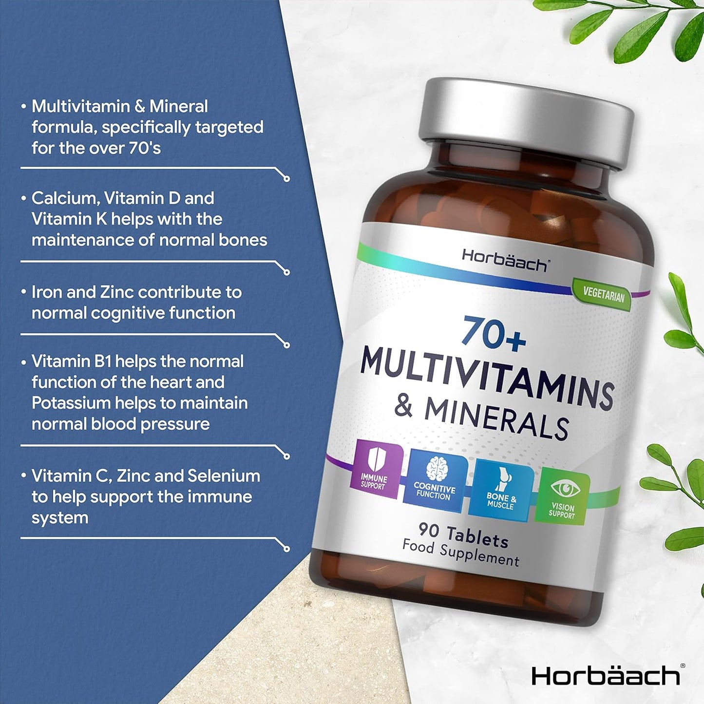 Multivitamin Tablets for Men and Women 70 plus | 90 Count | with 32 Essential Vitamin and Minerals for 70+ | Suitable for Vegetarians | by