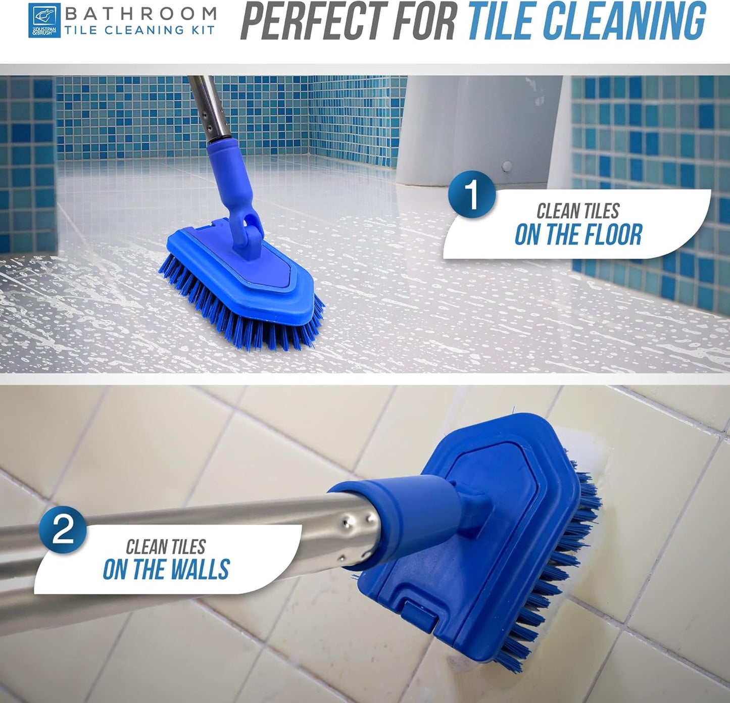 Bathroom Tile Cleaner Shower Cleaning Brush, Multi-Section Long Handled Scrubbing Brush with Replaceable Stiff Bristle Tub and Tile Scrubber, Shower Cleaner Sponge Scourer, and Microfibre Pad