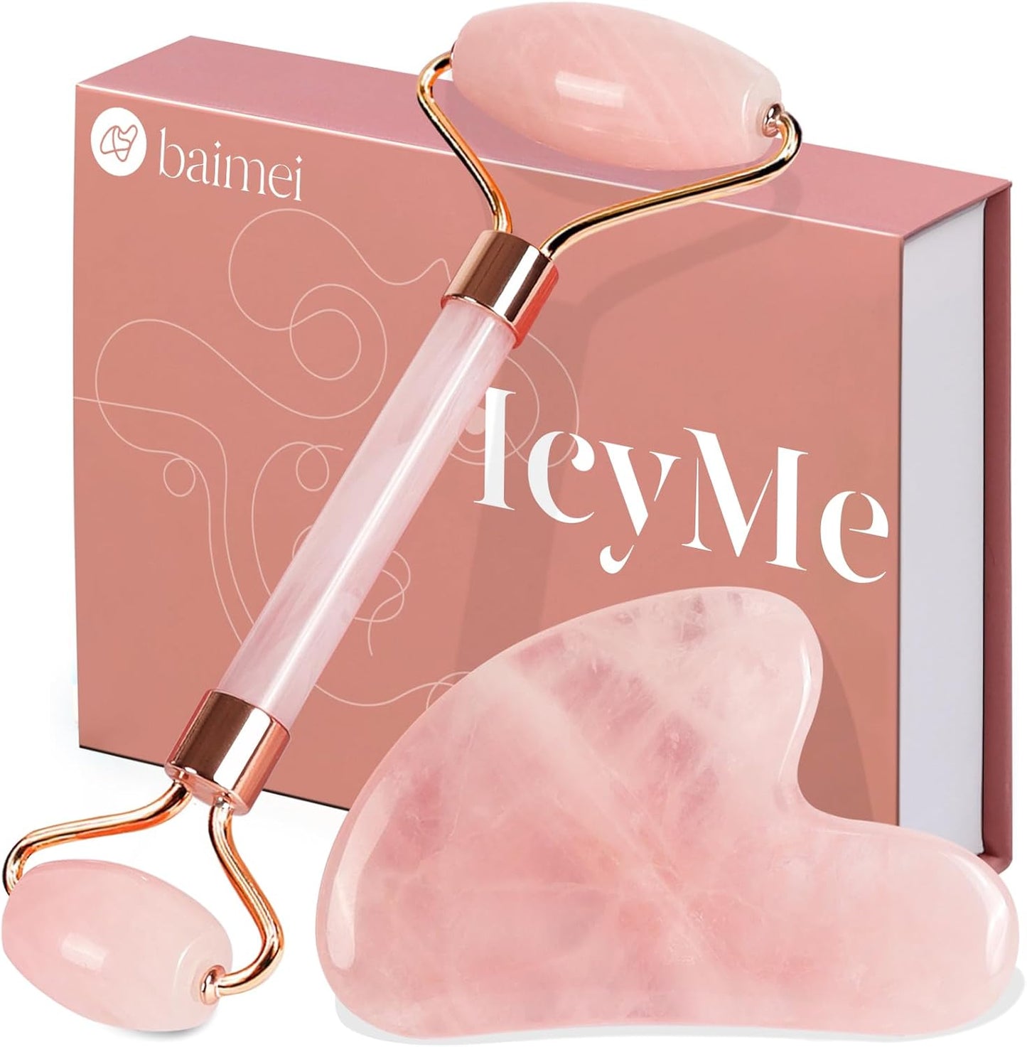Gua Sha & Jade Roller,Guasha Tool Face, Self Care Gift for Women and Men, Massager for Face, Eyes, Neck Care, Skin Care Gifts - Rose Quartz