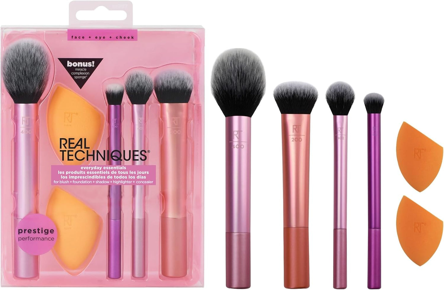 Everyday Essentials + Makeup Sponge Kit, 4 Makeup Brushes and 2 Makeup Blender Sponges,Blush, Bronzer, Eyeshadow, and Powder, Synthetic Bristles, Cruelty-Free, 6 Piece Set