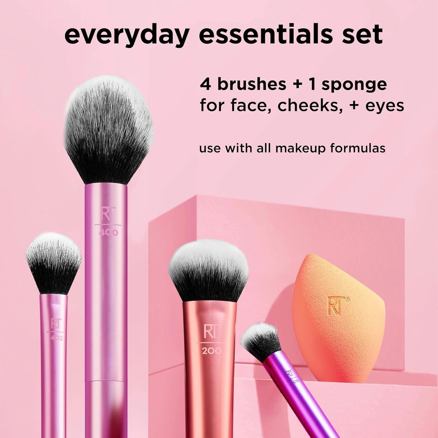 Everyday Essentials + Makeup Sponge Kit, 4 Makeup Brushes and 2 Makeup Blender Sponges,Blush, Bronzer, Eyeshadow, and Powder, Synthetic Bristles, Cruelty-Free, 6 Piece Set