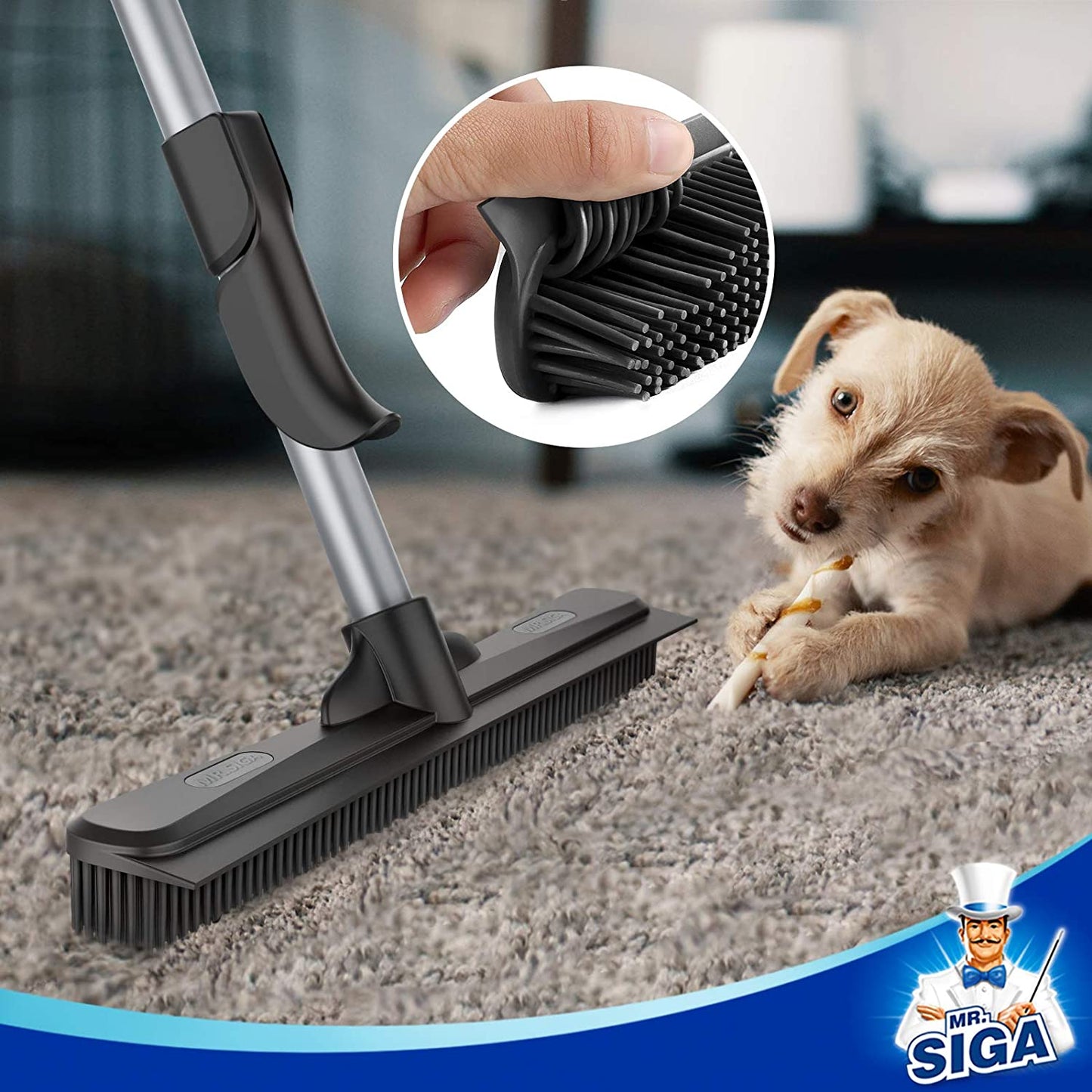 Pet Hair Removal Rubber Broom with Built in Squeegee, 3 in 1 Floor Brush for Carpet, 61 Inch Adjustable Handle, Includes 1 Microfiber Cloth for Floor Dusting