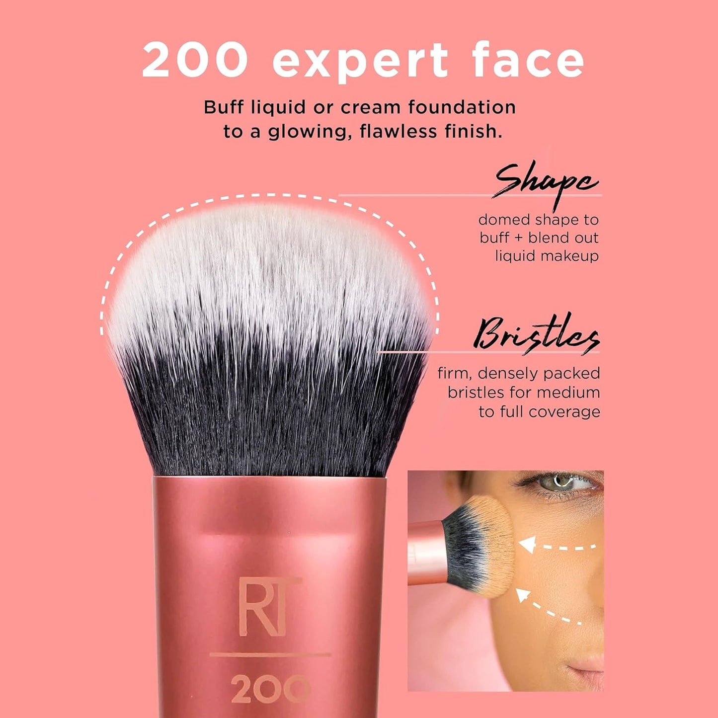 Expert Face Makeup Brush, for Liquid and Cream Foundation, Blush, and Bronzer, Buildable Coverage for Base Makeup, Dense, Synthetic Bristles, Vegan and Cruelty-Free, 1 Count