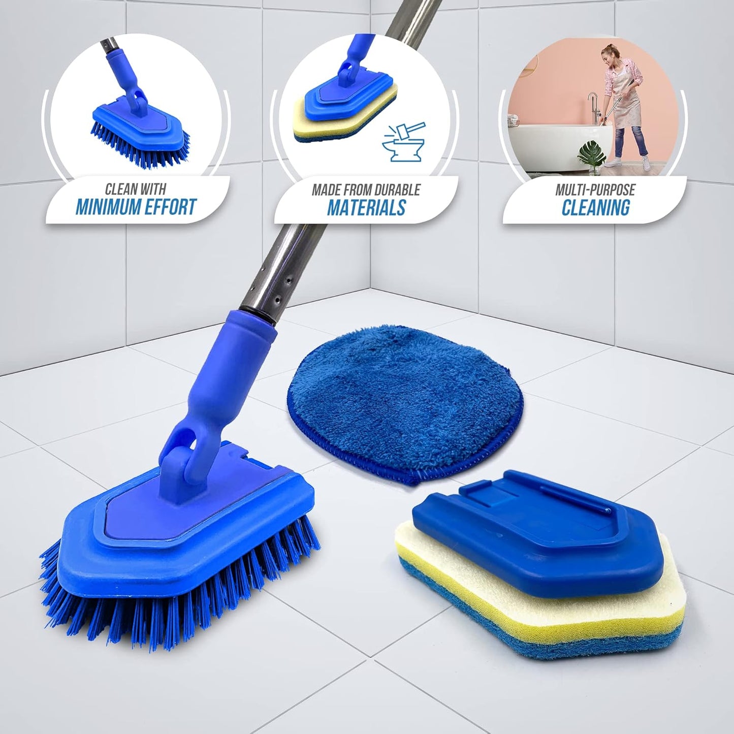 Bathroom Tile Cleaner Shower Cleaning Brush, Multi-Section Long Handled Scrubbing Brush with Replaceable Stiff Bristle Tub and Tile Scrubber, Shower Cleaner Sponge Scourer, and Microfibre Pad