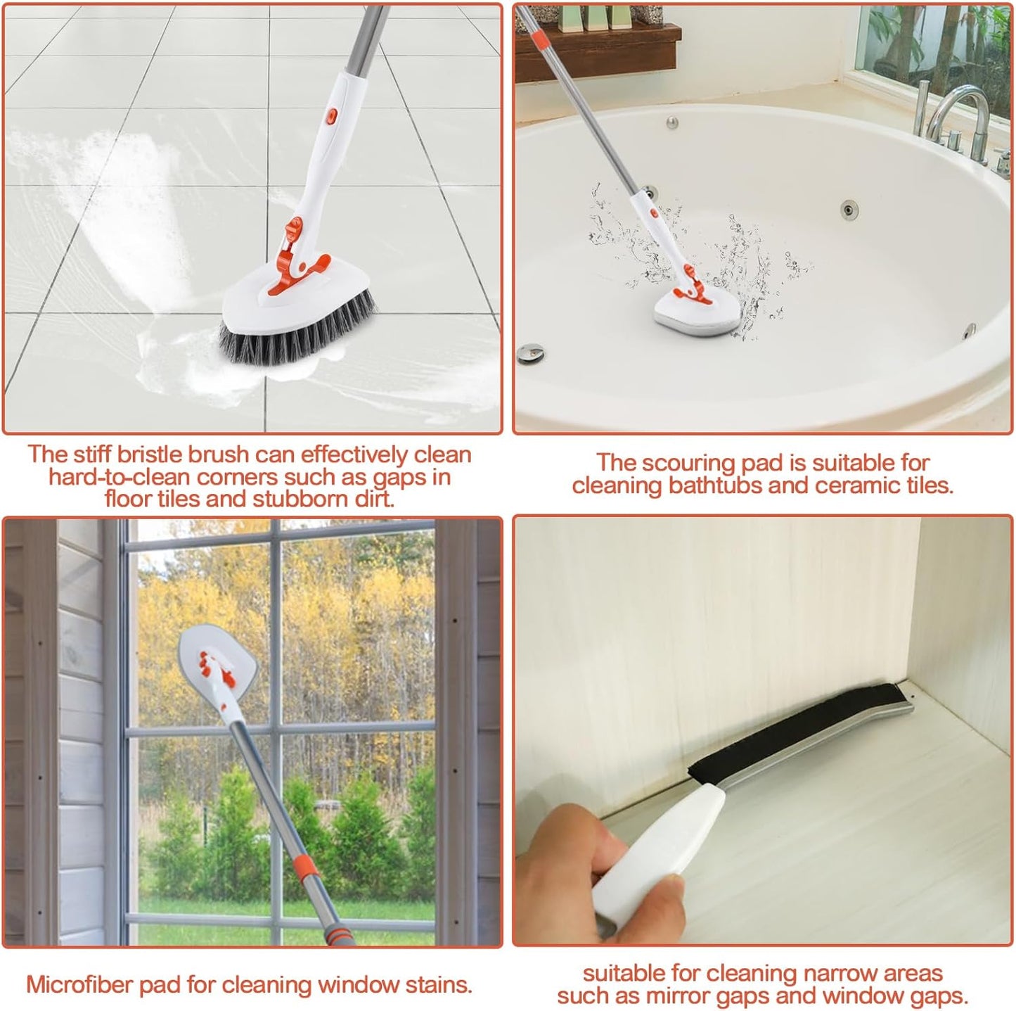 Bathroom Tile Cleaner Shower Scrubber Cleaning Brush, 3 in 1 52 Inch Long Handle Scrubbing Brush with Locked Head, Stiff Bristles Scrub Brush for Kitchen Tub Tile Sink Wall