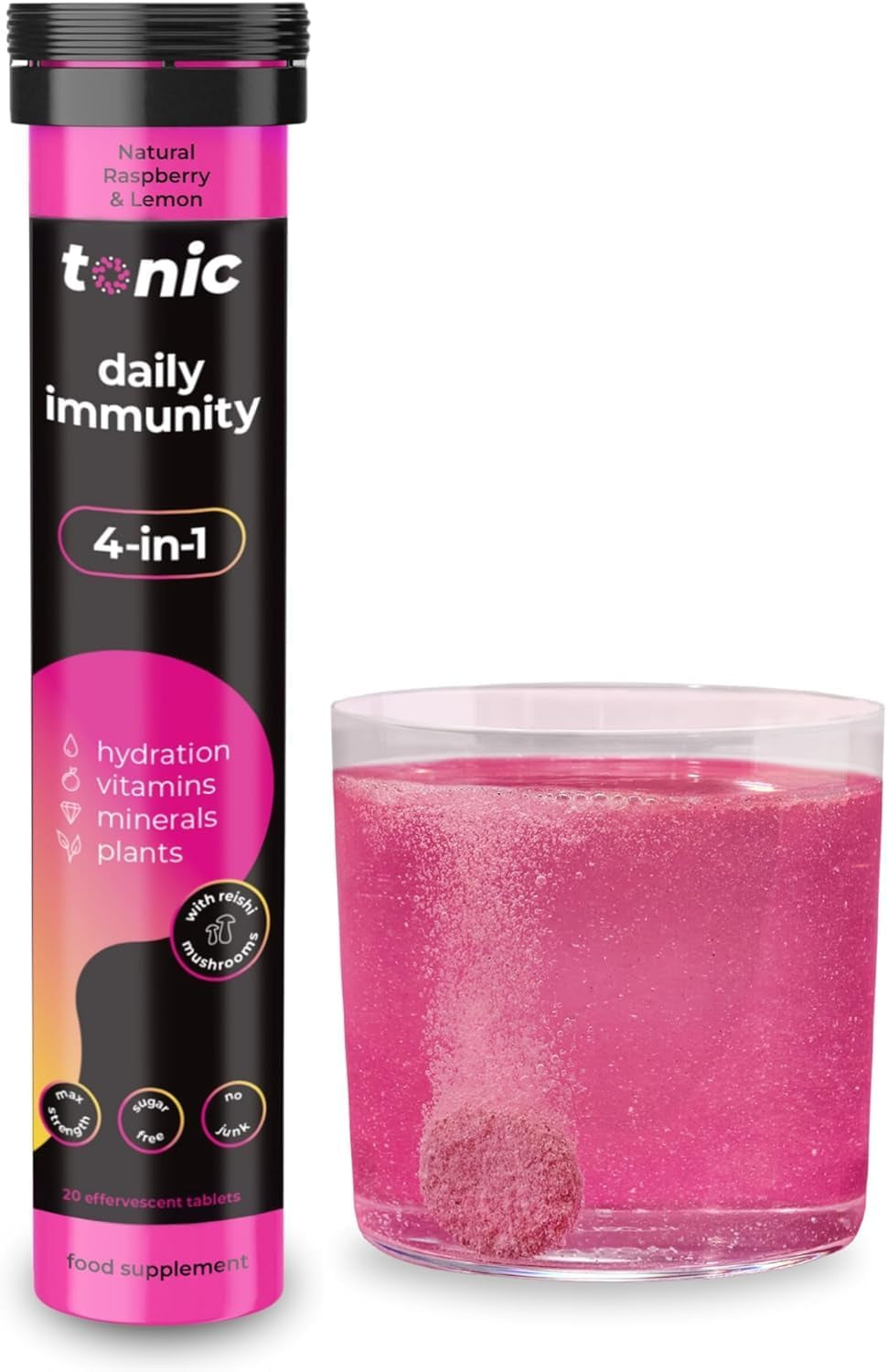 Daily Immunity Tablets - 4-In-1 Effervescent Multivitamins, Minerals & Phytonutrients - Vitamin D, Vitamin C and Zinc - Vegan, No Sugar- Max Strength Tablets, Raspberry & Lemon, 20 Count