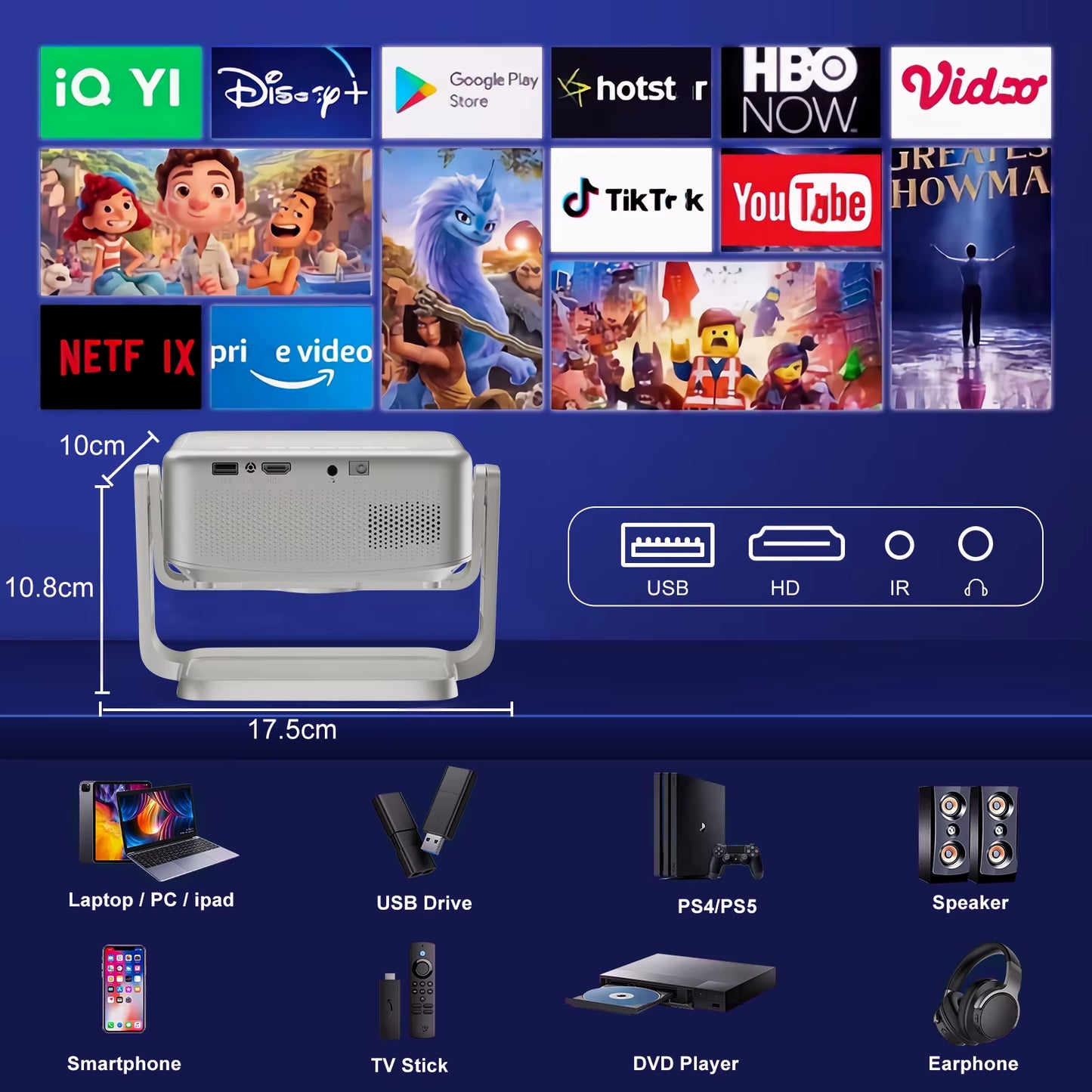 P90 Projector Android Wifi BT5.0 3D Movie Theater 360° Rotatable Smart TV 4K Video 1280X720P Home Cinema Compatible IOS
