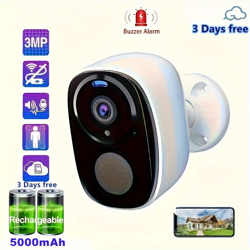 Outdoor Wireless Security Camera, 3MP 1296P Resolution, 5000mAh Battery Powered CCTV Camera for Home Security, Cloud/SD(up to 256G), 3 days of free cloud storage, AI Motion Detection, Spotlight, Color Night Vision, WiFi, Two-