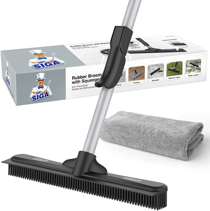 Pet Hair Removal Rubber Broom with Built in Squeegee, 3 in 1 Floor Brush for Carpet, 61 Inch Adjustable Handle, Includes 1 Microfiber Cloth for Floor Dusting