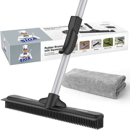 Pet Hair Removal Rubber Broom with Built in Squeegee, 3 in 1 Floor Brush for Carpet, 61 Inch Adjustable Handle, Includes 1 Microfiber Cloth for Floor Dusting