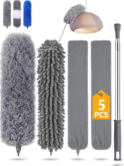 Feather Duster 5PCS Kit with 30-100 Inch Telescopic Extension Pole, Detachable Bendable and Reusable Gap Hand Crevice Brush for Cleaning Dust Cobwebs on High Ceiling Fans Lights Blinds Cars Furniture