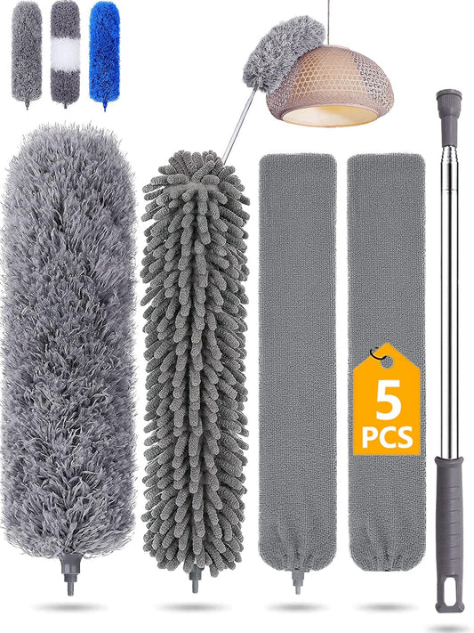 Feather Duster 5PCS Kit with 30-100 Inch Telescopic Extension Pole, Detachable Bendable and Reusable Gap Hand Crevice Brush for Cleaning Dust Cobwebs on High Ceiling Fans Lights Blinds Cars Furniture