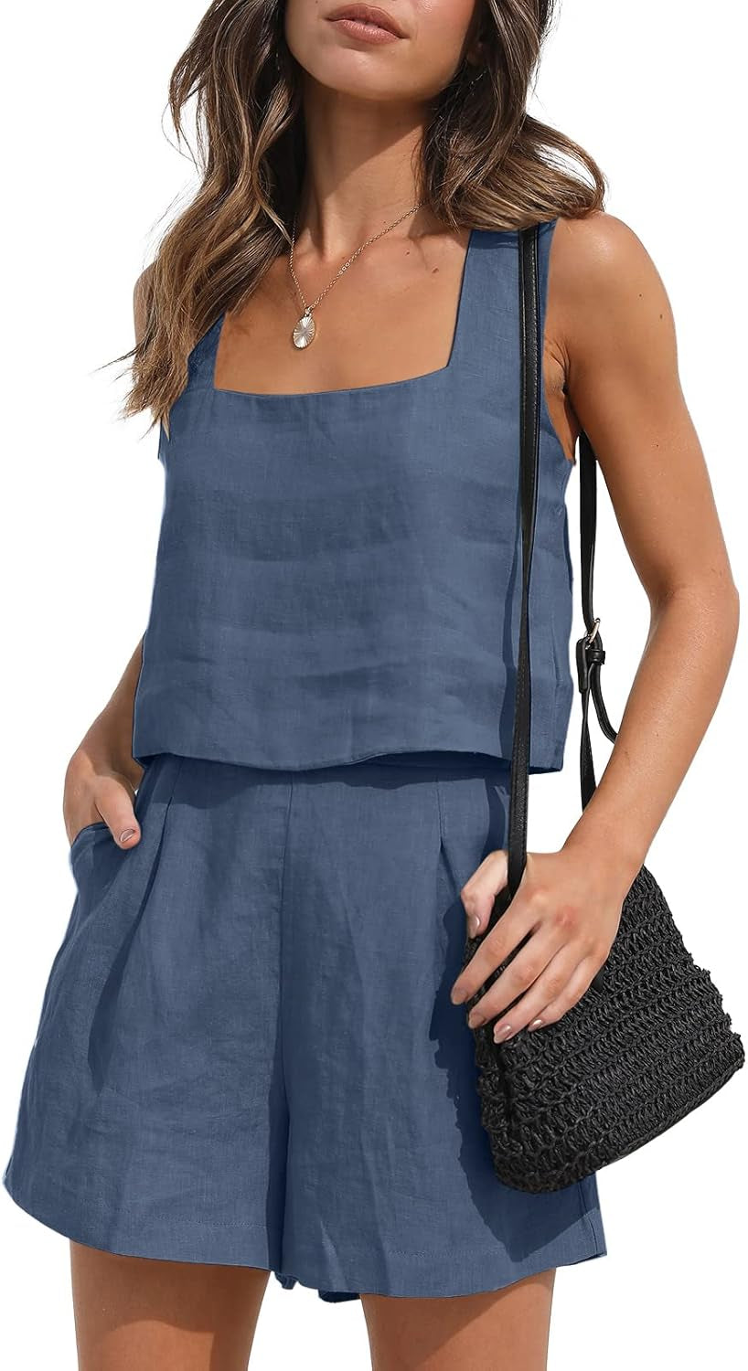 Womens 2 Piece Outfits Lounge Matching Sets Two Piece Linen Shorts Crop Tops 2023 Trendy Clothes Summer Vacation Set
