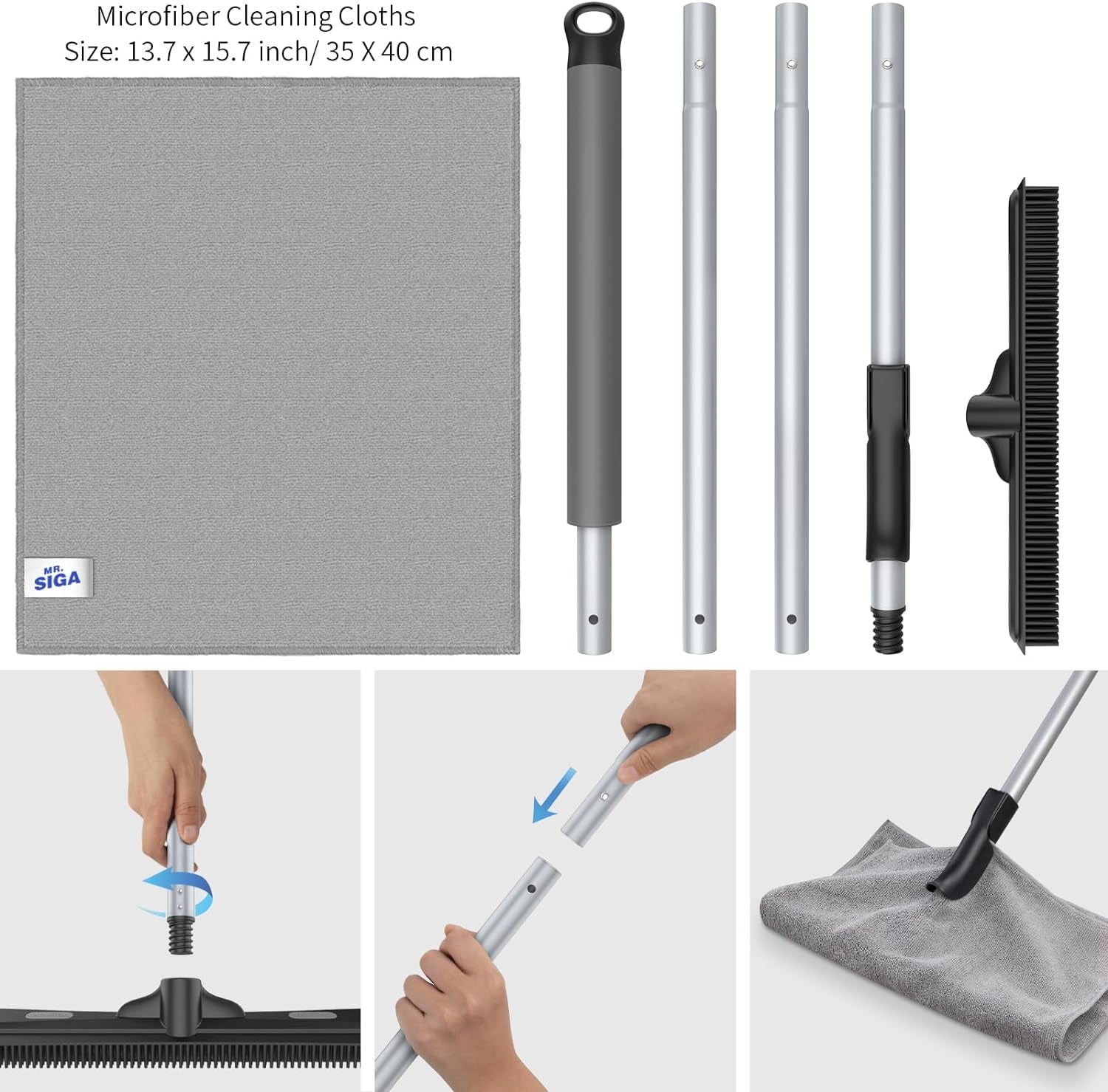 Pet Hair Removal Rubber Broom with Built in Squeegee, 3 in 1 Floor Brush for Carpet, 61 Inch Adjustable Handle, Includes 1 Microfiber Cloth for Floor Dusting