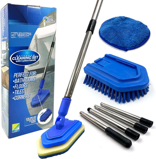 Bathroom Tile Cleaner Shower Cleaning Brush, Multi-Section Long Handled Scrubbing Brush with Replaceable Stiff Bristle Tub and Tile Scrubber, Shower Cleaner Sponge Scourer, and Microfibre Pad