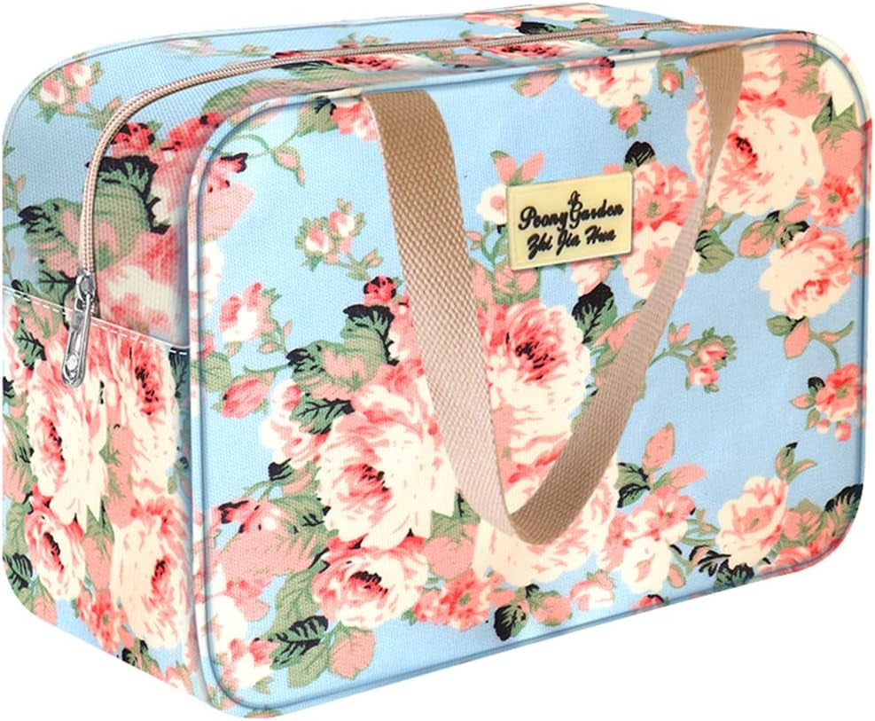 Full Size Toiletry Bag Hand-Held Large Cosmetic Bag Travel Makeup Bag Portable Large Wash Bag Waterproof Toiletry Kit Organizer for Women & Girl (Blue Rose)