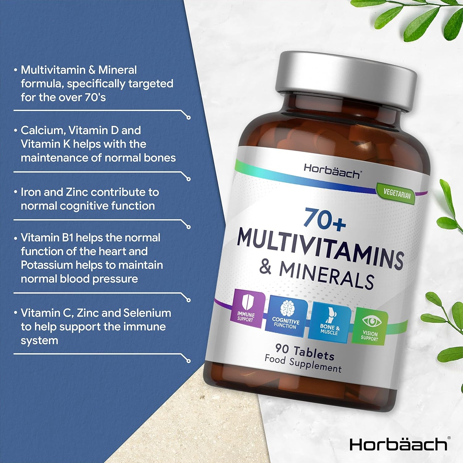 Multivitamin Tablets for Men and Women 70 plus | 90 Count | with 32 Essential Vitamin and Minerals for 70+ | Suitable for Vegetarians | by