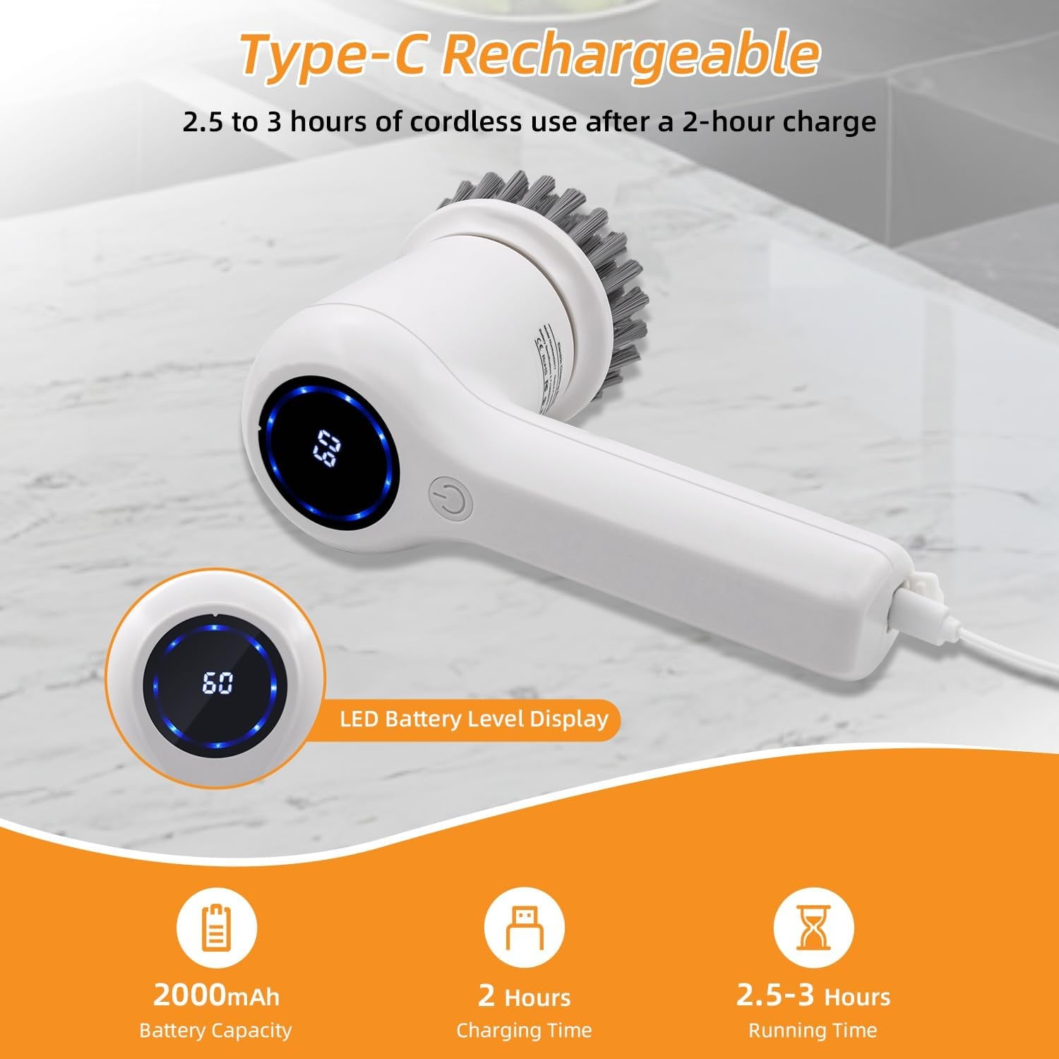 Electric Spin Scrubber,Rechargeable Cordless Electric Cleaning Brush with 5 Replaceable Brush Heads,2 Speeds Led Display & IPX7 Waterproof for Kitchen Bathroom Window Wall Tile