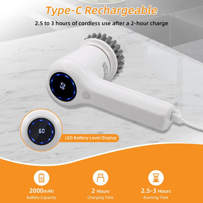 Electric Spin Scrubber,Rechargeable Cordless Electric Cleaning Brush with 5 Replaceable Brush Heads,2 Speeds Led Display & IPX7 Waterproof for Kitchen Bathroom Window Wall Tile