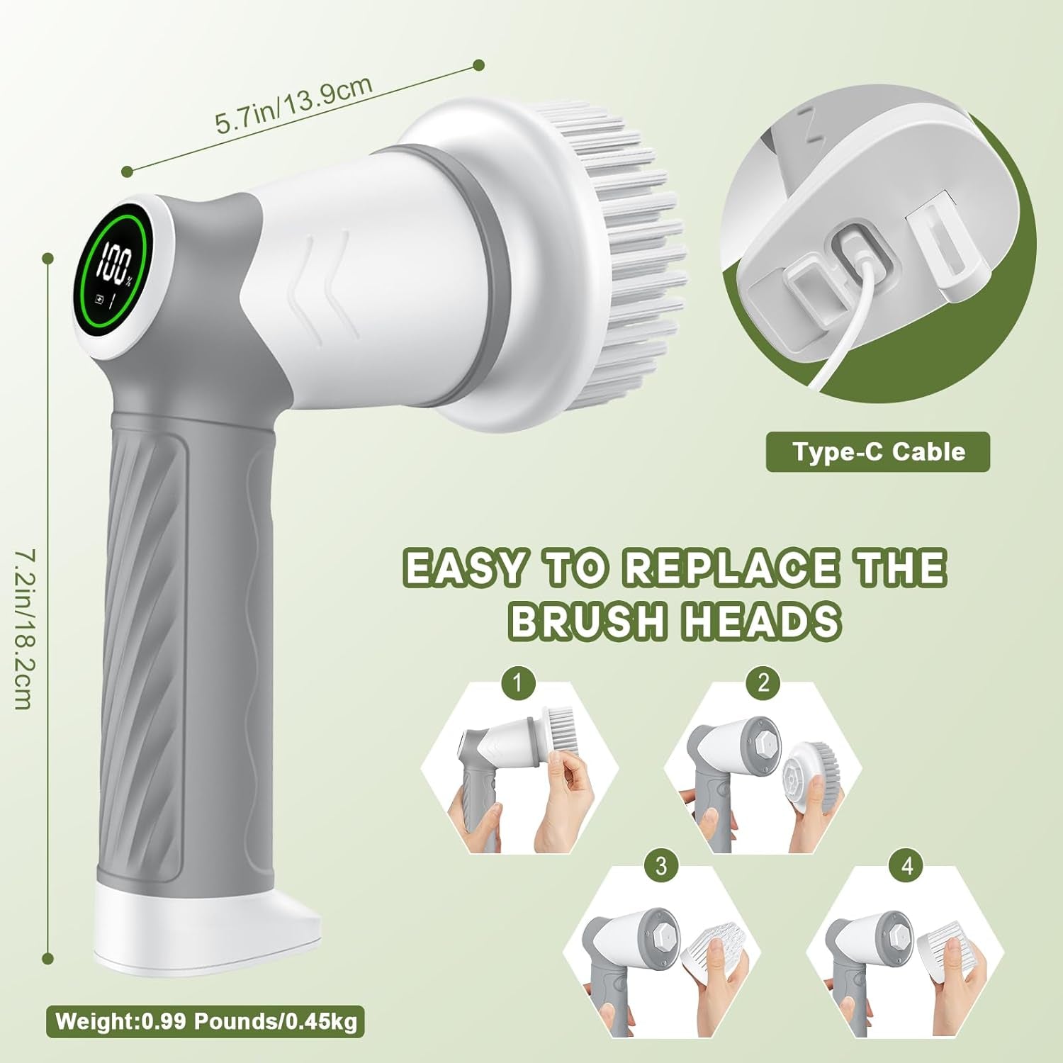 Electric Cleaning Brush 2 Speed, Spin Scrubber with Upgrade LED Display, Power Scrubber with 7 Replaceable Brush Heads,Bathroom Brush for Home,Floor,Kitchen,Bathtub,Stove,Car,Tile,Window
