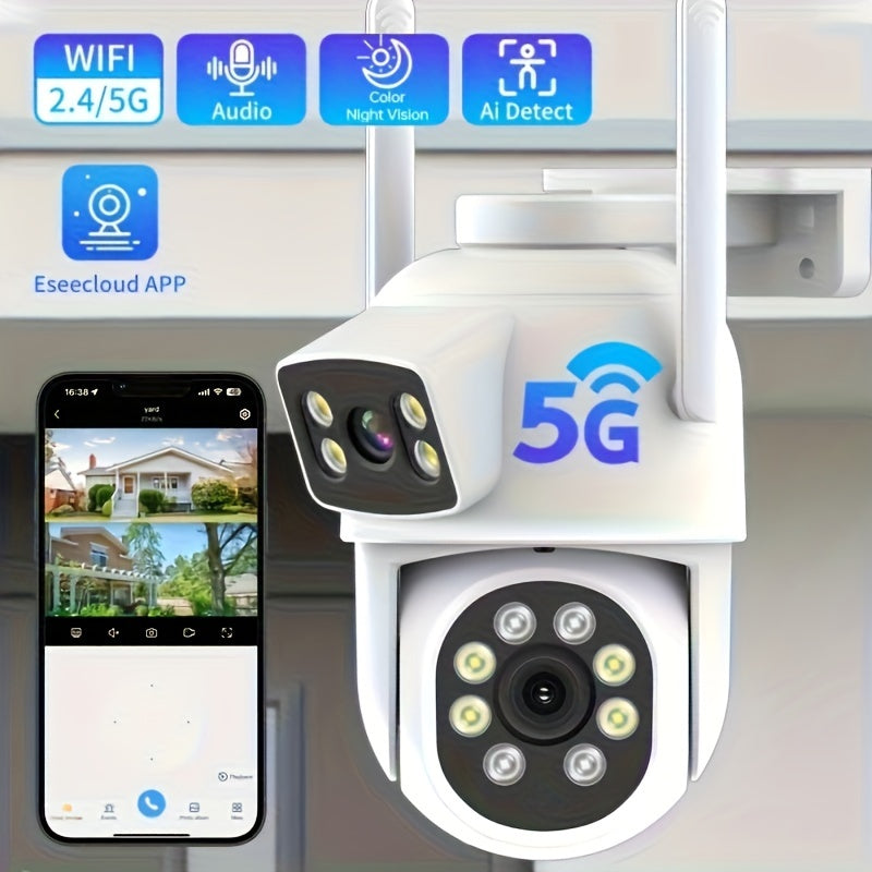 1/2/4pcs Dual Lens Wireless Security Camera - PTZ Outdoor Home Surveillance, 2.4G/5G WiFi, Color Night Vision, Auto Tracking, 360° View, Human Detection, 2-Way Talk,, Smart Phone App Control, Outdoor Security Camera | Dual L