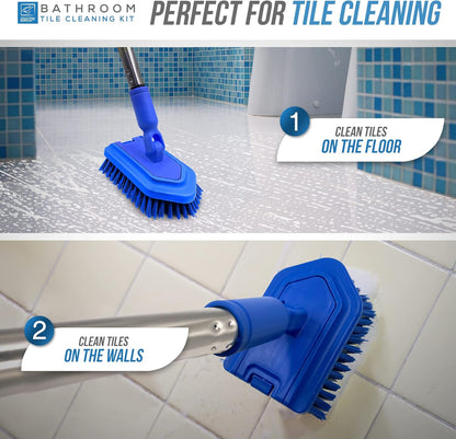 Bathroom Tile Cleaner Shower Cleaning Brush, Multi-Section Long Handled Scrubbing Brush with Replaceable Stiff Bristle Tub and Tile Scrubber, Shower Cleaner Sponge Scourer, and Microfibre Pad