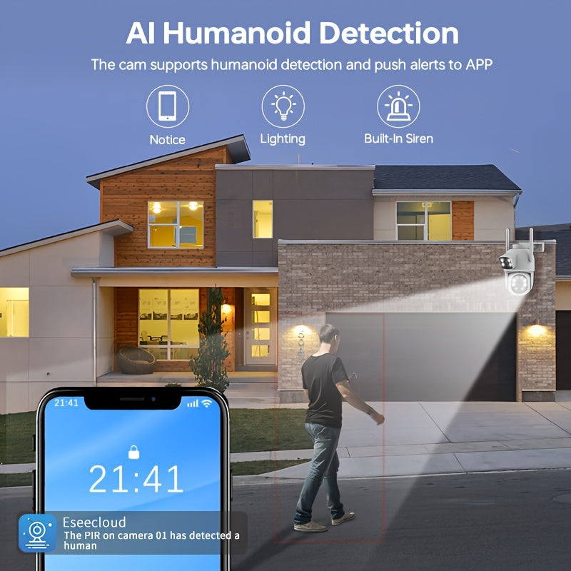 1/2/4pcs Dual Lens Wireless Security Camera - PTZ Outdoor Home Surveillance, 2.4G/5G WiFi, Color Night Vision, Auto Tracking, 360° View, Human Detection, 2-Way Talk,, Smart Phone App Control, Outdoor Security Camera | Dual L