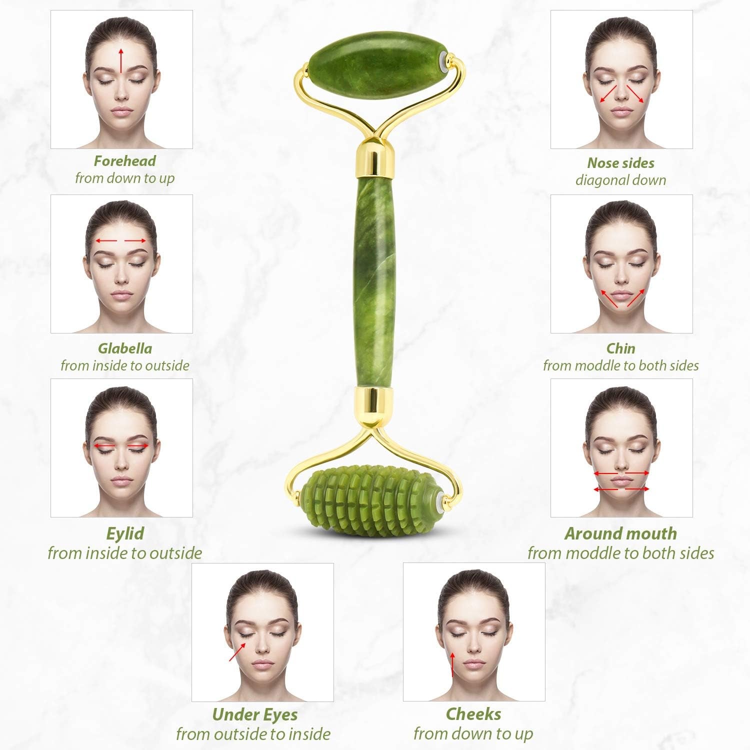 Gua Sha Jade Roller Set, Face Roller, Face Massager Jade Stone Facial Roller for Eye Puffiness Treatment, Skin Tightening, Rejuvenate Face & Neck (Green)