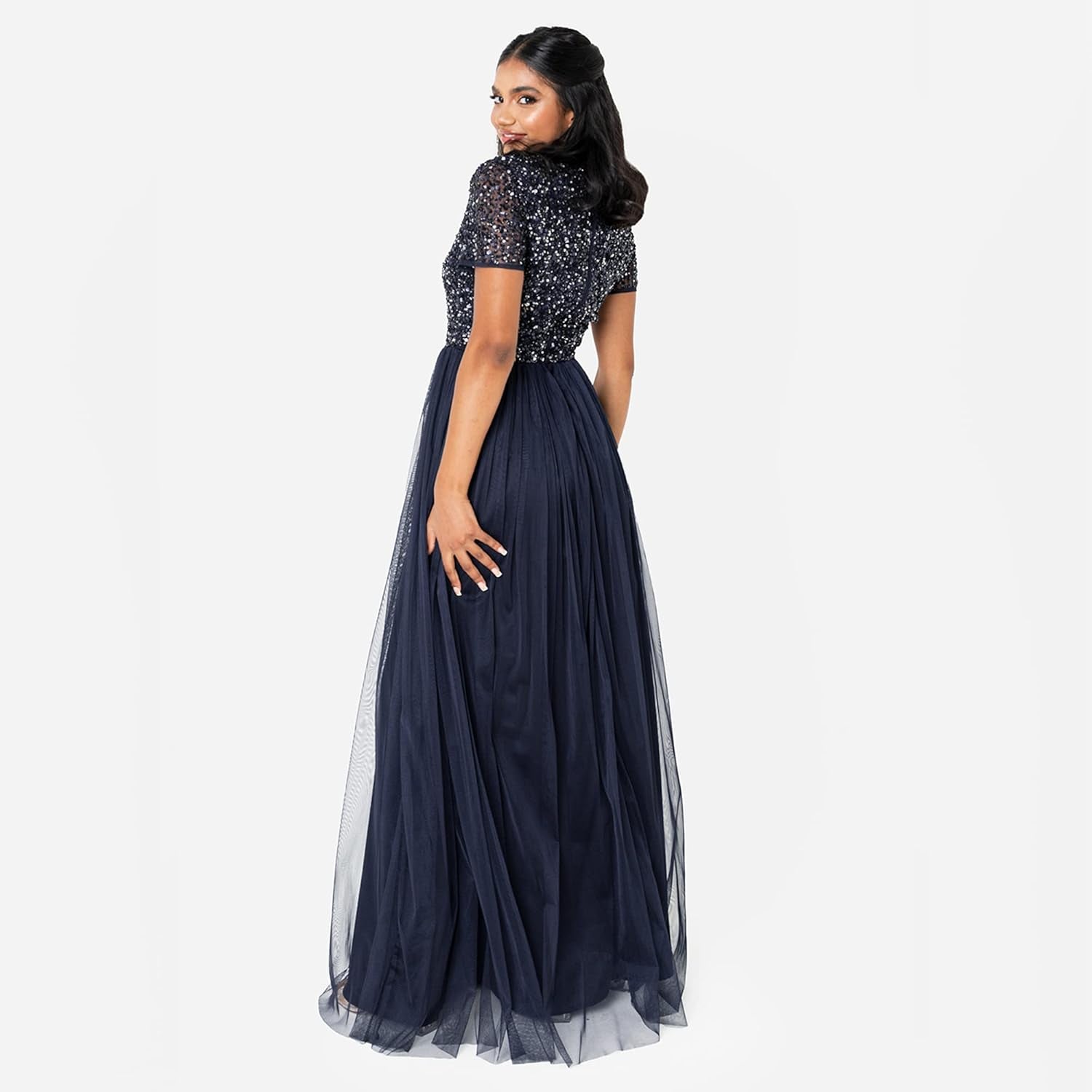 Women'S Ladies Dress for Wedding Guest plus Size Empire High Waist Sequins Short Sleeve Evening Bridesmaid