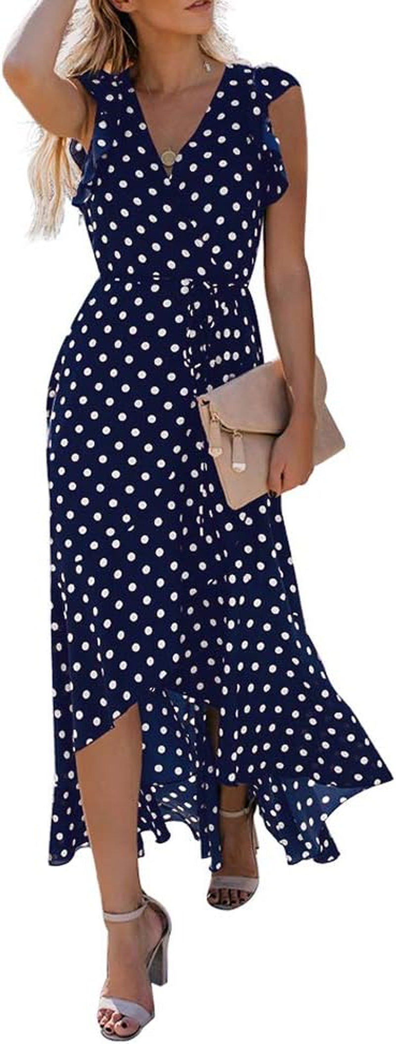 Womens Summer Maxi Dress Boho Floral Cocktail Midi Polka Dot Wrap Dresses V Neck Casual Party Bohemian Flowy Long Dress for Ladies