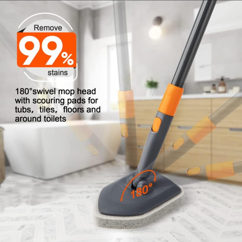 CLEANHOME Shower Scrubber,4-In-1 Scrubbing Brush with Long Handle(132 Cm), 3 Different Fibre Cleaning Pad,Suitable for Cleaning Bathtubs, Floor Tile Gaps, and Glass Mirrors.1
