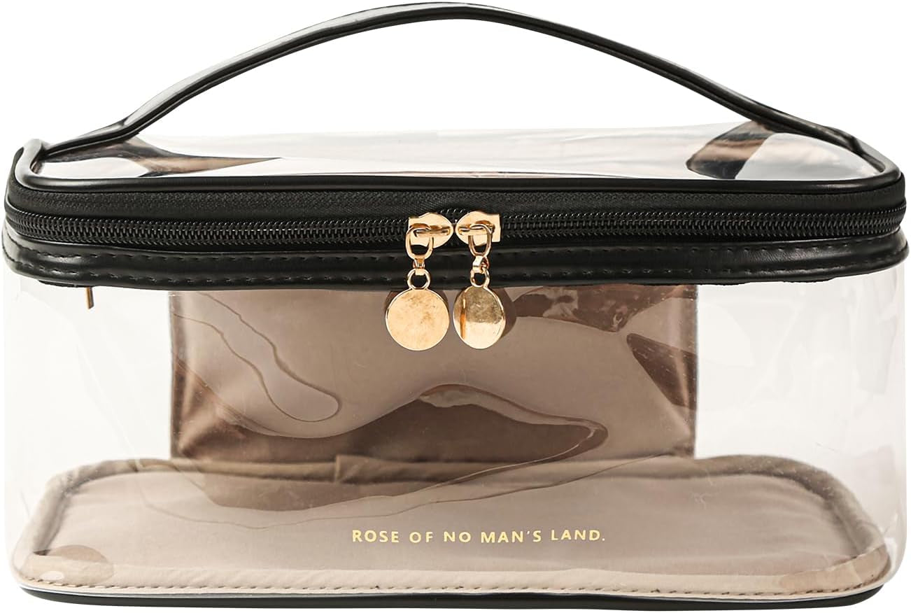 Large Clear Makeup Bag Big Travel Cosmetic Bag On-The-Go Toiletry Bag with Handle Transparent Toiletries Bags Pouch for Purse Orangizer for Daily Essentials Black