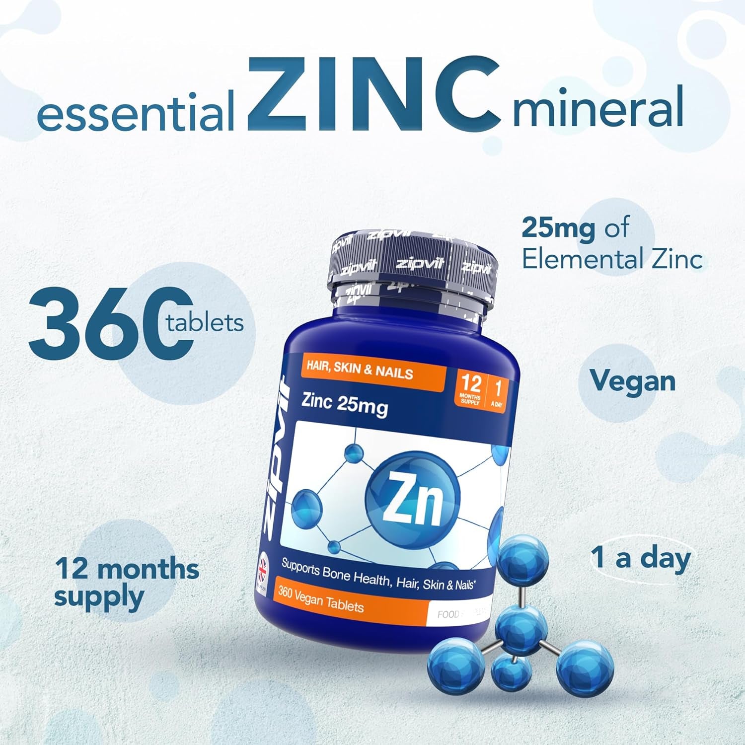 Zinc 25Mg, 12 Months Supply, Recommended Dose Zinc Supplement, Supports Hair, Skin, Nails, Bones & Vision, Promotes Immunity, Fertility & Reproduction for Men & Women, 360 Vegan Tablets