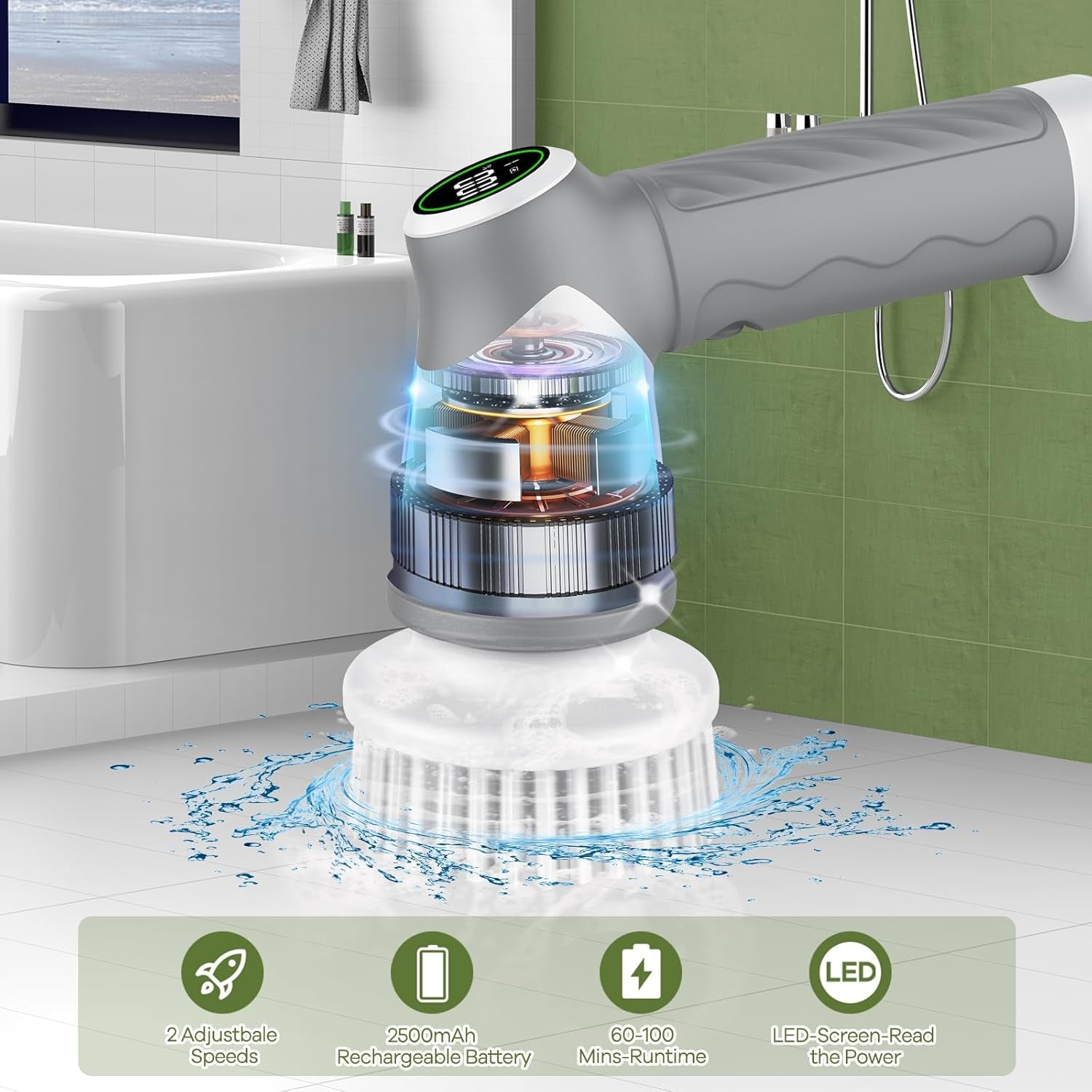 Electric Cleaning Brush 2 Speed, Spin Scrubber with Upgrade LED Display, Power Scrubber with 7 Replaceable Brush Heads,Bathroom Brush for Home,Floor,Kitchen,Bathtub,Stove,Car,Tile,Window