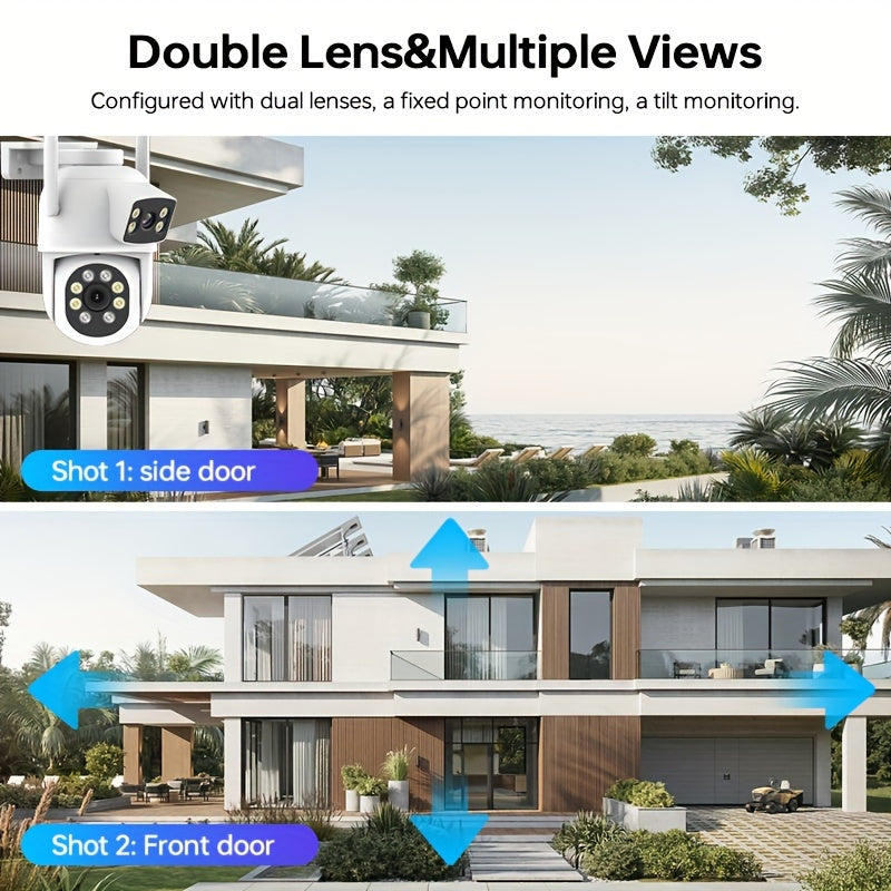 1/2/4pcs Dual Lens Wireless Security Camera - PTZ Outdoor Home Surveillance, 2.4G/5G WiFi, Color Night Vision, Auto Tracking, 360° View, Human Detection, 2-Way Talk,, Smart Phone App Control, Outdoor Security Camera | Dual L