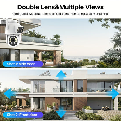 1/2/4pcs Dual Lens Wireless Security Camera - PTZ Outdoor Home Surveillance, 2.4G/5G WiFi, Color Night Vision, Auto Tracking, 360° View, Human Detection, 2-Way Talk,, Smart Phone App Control, Outdoor Security Camera | Dual L