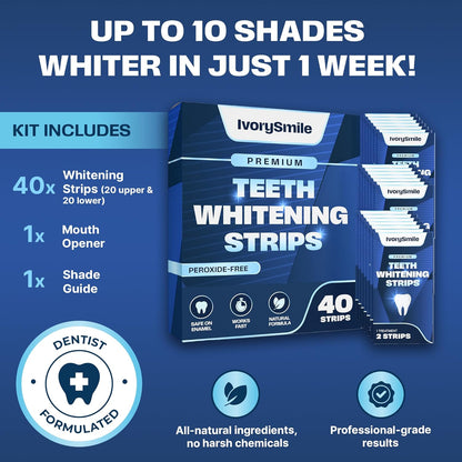 Premium Teeth Whitening Strips - Non-Sensitive Formula - Enamel Safe - 40 Peroxide-Free Whitening Strips - 20 Treatments - Dentist Formulated Teeth Whitening Kit, Mouth Opener Included
