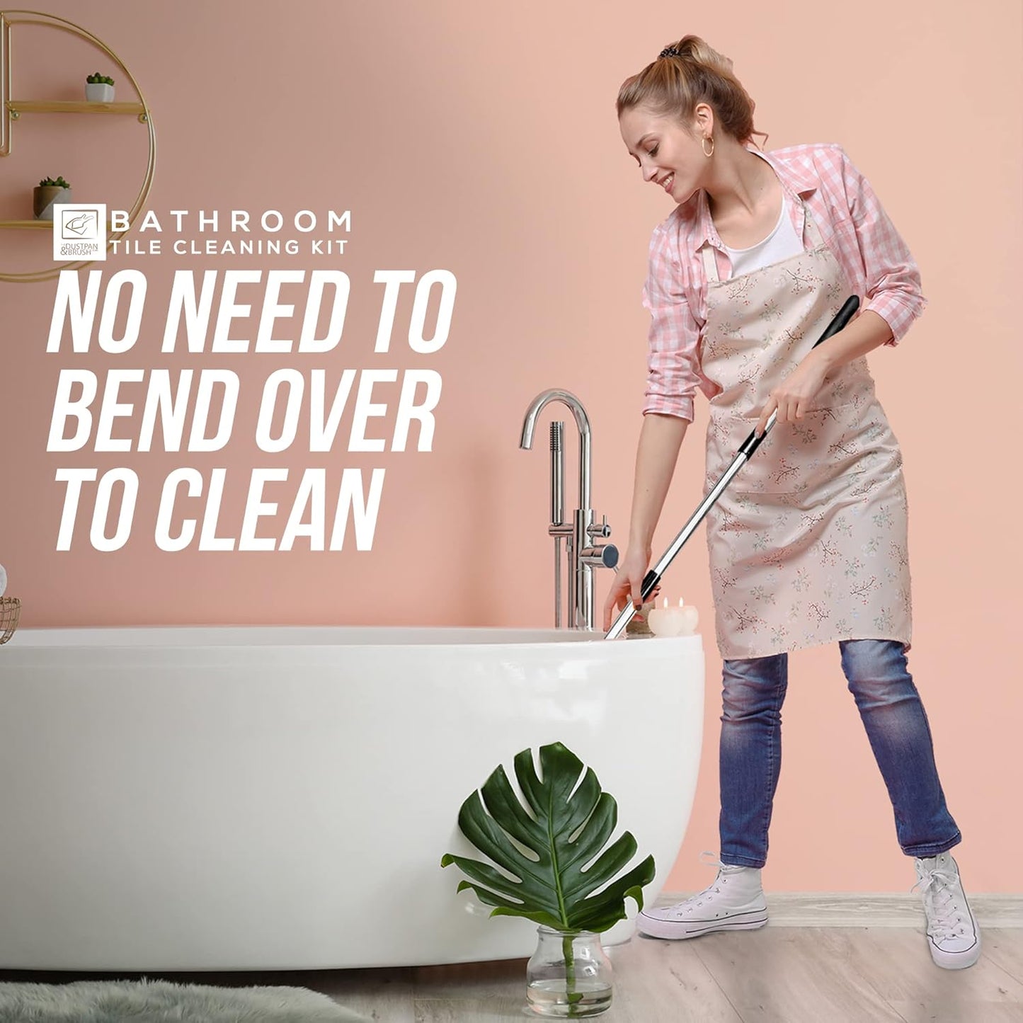 Bathroom Tile Cleaner Shower Cleaning Brush, Multi-Section Long Handled Scrubbing Brush with Replaceable Stiff Bristle Tub and Tile Scrubber, Shower Cleaner Sponge Scourer, and Microfibre Pad
