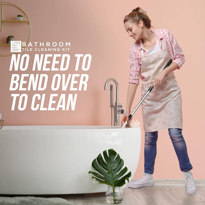 Bathroom Tile Cleaner Shower Cleaning Brush, Multi-Section Long Handled Scrubbing Brush with Replaceable Stiff Bristle Tub and Tile Scrubber, Shower Cleaner Sponge Scourer, and Microfibre Pad