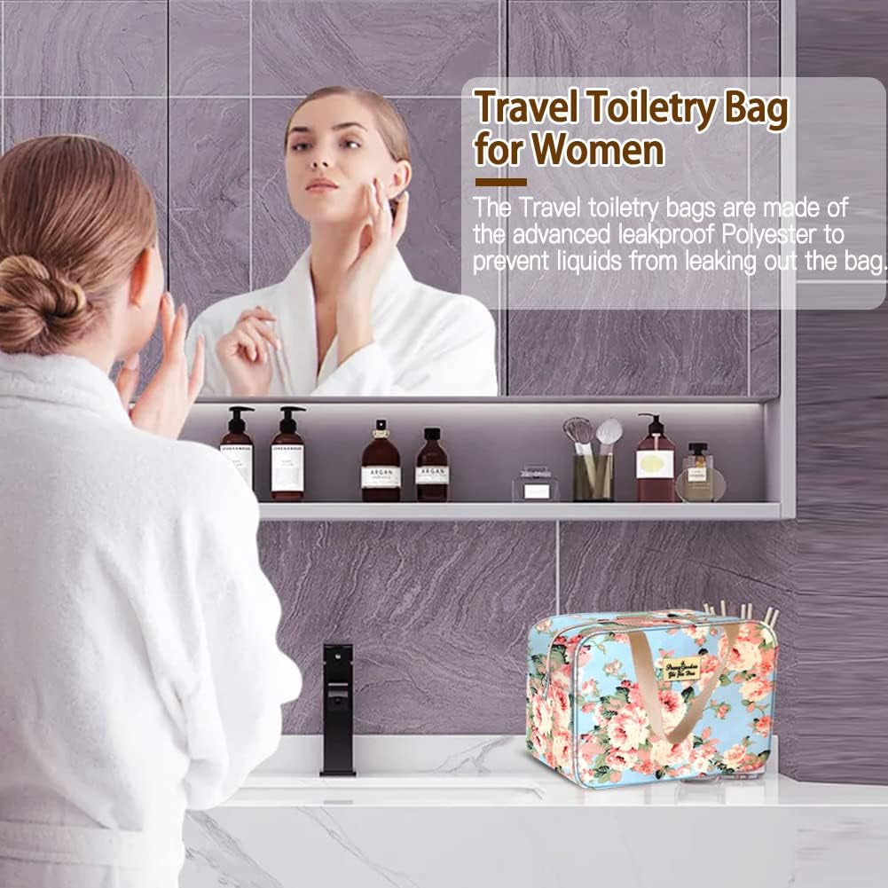 Full Size Toiletry Bag Hand-Held Large Cosmetic Bag Travel Makeup Bag Portable Large Wash Bag Waterproof Toiletry Kit Organizer for Women & Girl (Blue Rose)