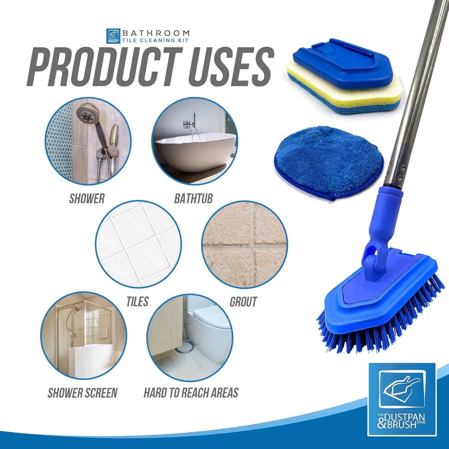 Bathroom Tile Cleaner Shower Cleaning Brush, Multi-Section Long Handled Scrubbing Brush with Replaceable Stiff Bristle Tub and Tile Scrubber, Shower Cleaner Sponge Scourer, and Microfibre Pad