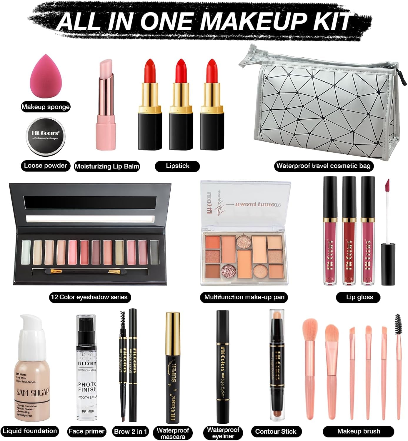 All in One Makeup Set, Cosmetic Make up Starter Kit with Storage Bag Portable Travel Make up Palette Eyeshadow Foundation Lip Gloss Makeup Gift Set for Teenage & Adults(Kit A001)