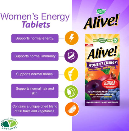 Women'S Energy Multi-Vitamin and Minerals, Specially Balanced for Women, Unique Dried Blend of 26 Fruits & Vegetables, Suitable for Vegetarians - 30 Tablets