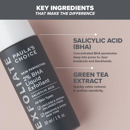 SKIN PERFECTING 2% BHA Liquid Exfoliant - Face Exfoliating Peel Fights Blackheads & Enlarged Pores - for a Healthy Glow - with Salicylic Acid - Combination & Oily Skin - 30 Ml