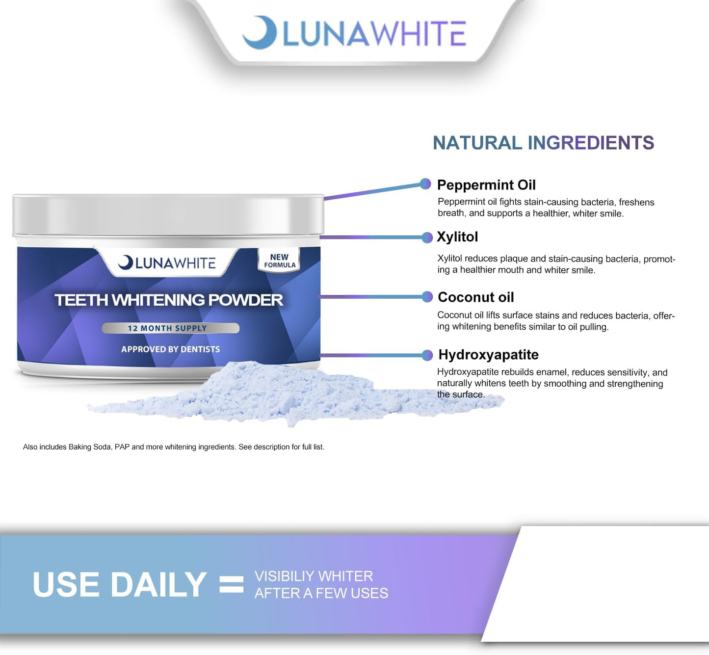 Teeth Whitening Powder - 12 Month Supply - Enamel Safe and Sensitivity Free - Natural Ingredients- Coconut Oil, Peppermint Oil, Xylitol, Baking Soda