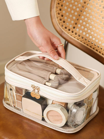 Large Clear Makeup Bag Big Travel Cosmetic Bag On-The-Go Toiletry Bag with Handle Transparent Toiletries Bags Pouch for Purse Orangizer for Daily Essentials Black