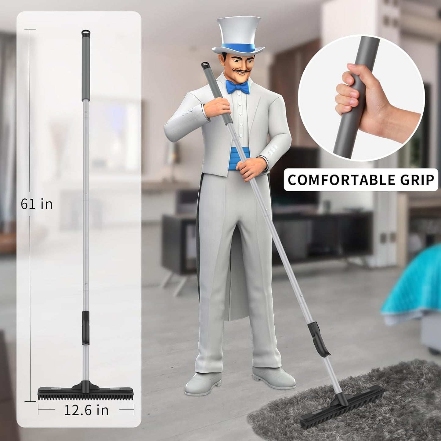 Pet Hair Removal Rubber Broom with Built in Squeegee, 3 in 1 Floor Brush for Carpet, 61 Inch Adjustable Handle, Includes 1 Microfiber Cloth for Floor Dusting