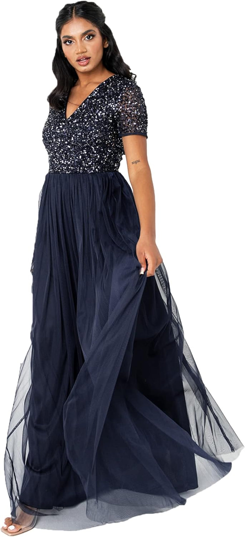 Women'S Ladies Dress for Wedding Guest plus Size Empire High Waist Sequins Short Sleeve Evening Bridesmaid